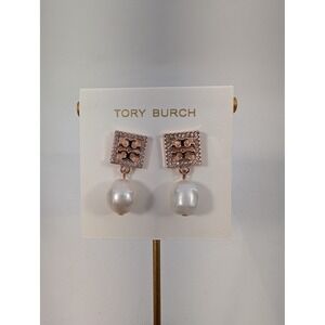 Tory Burch Pearl Drop Earrings Rose Gold Tone Square Logo - NEW